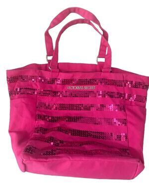 VICTORIAs SECRET BLING Canvas Sequin Hot Pink Duffle Tote Bag Carry On Gym Beach